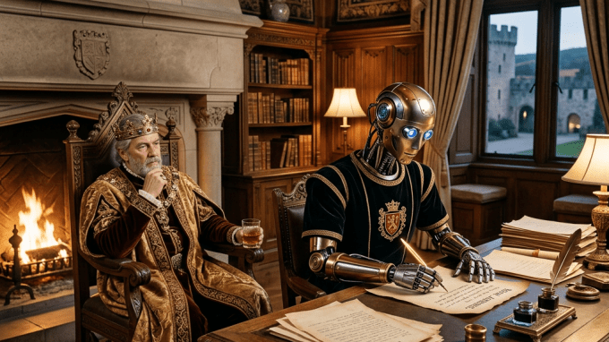 Medieval king in royal robes seated by a fireplace while a robot writes at a wooden desk