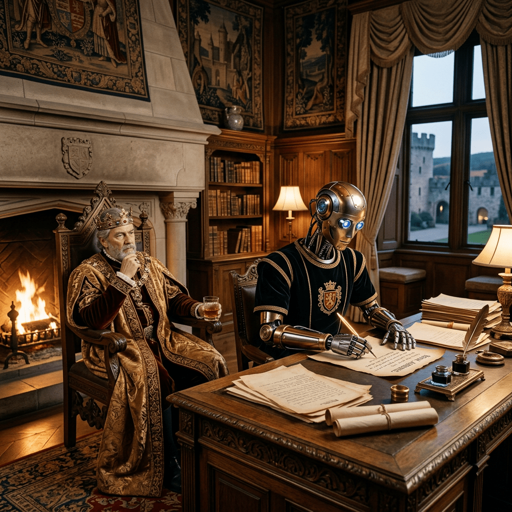 Medieval king in royal robes seated by a fireplace while a robot writes at a wooden desk